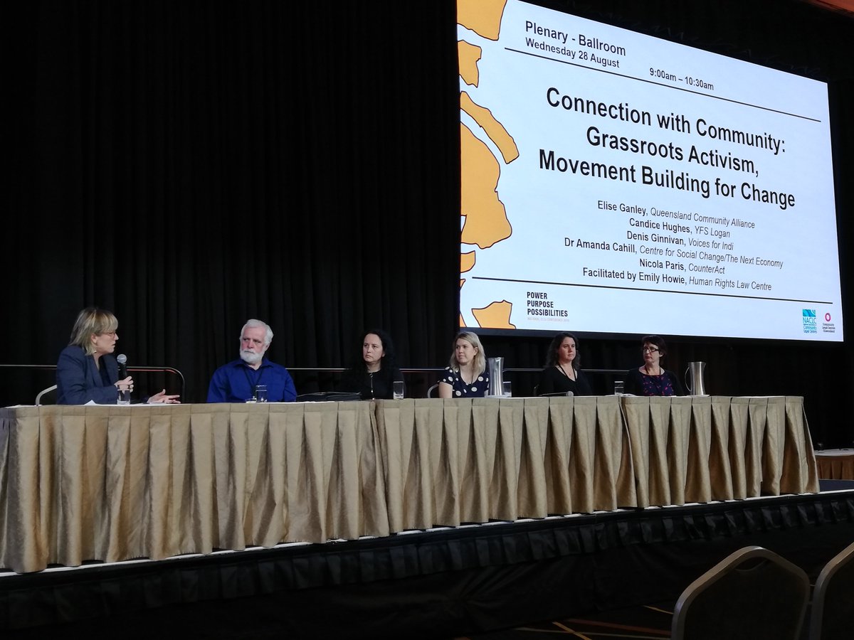 eugenehwhite's tweet photo. People power: activism from the grassroots. Discussion led by @EmilyHowie @rightsagenda with @dginnivan Candice Hughes of @YFSlogan @EliseGanley @cahill_amanda @peacenicsta - plus “Smash the Patriarchy!” Passionate plenaries at #PoweringCLCs #naclc19 Brisbane @NACLCComms https://t.co/0ngi0KzOLZ