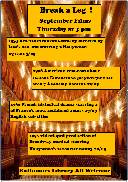 dubcilib's tweet photo. #Rathmines Library Film Club is back for September and we've gone (melo) dramatic after the long summer break. Every Thursday at 3pm. Everyone welcome!! #rathmineslibrary #filmclub #breakaleg https://t.co/EgQ2TN0gZi