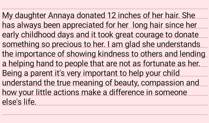 hairtohelppk's tweet photo. Annaya, age 11 years, donates 12 inches of her hair to women and children suffering from cancer.
This is what her mother has to say about her brave act of kindness (2nd picture).
Annaya is our inspiration, what's yours?
#HairToHelp #HairToHelpPakistan https://t.co/JbQYnsYmBH