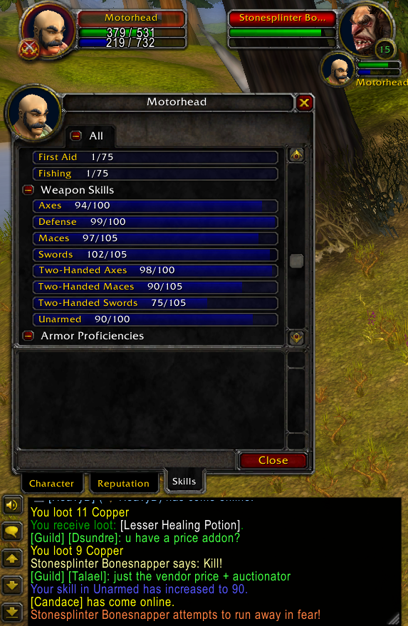 MotorheadWoW's tweet photo. Took a little bit of time to level up some weapon skills, just did Unarmed close to current level for me. It really doesn't take that long especially as a Paladin with Seal of the Crusader. Anyone else been trying to keep them even? #WoWClassic #WeaponSkills #Paladin https://t.co/9UyQ24uEdb
