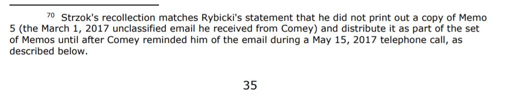 Correction, in the footnote they state that it was Memo 5 the unclassified email from Comey to Rybicki that was not included, & Rybicki had not included it when he handed over the memos. Looks like AFTER McCabe lied to Congress on 5/11/17, Comey reminded Rybicki of Memo 5!