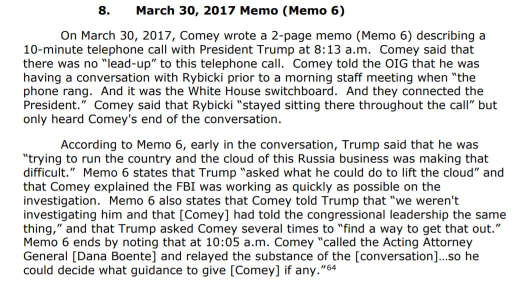 The lifting a cloud memo #6. The 1 where Comey confirmed that he had briefed Congressional leadership that Trump was not the subject of his Russia investigation! Again it looks like Rybicki & McCabe were shown a copy but not allowed to keep one!Can you see who is getting stung?