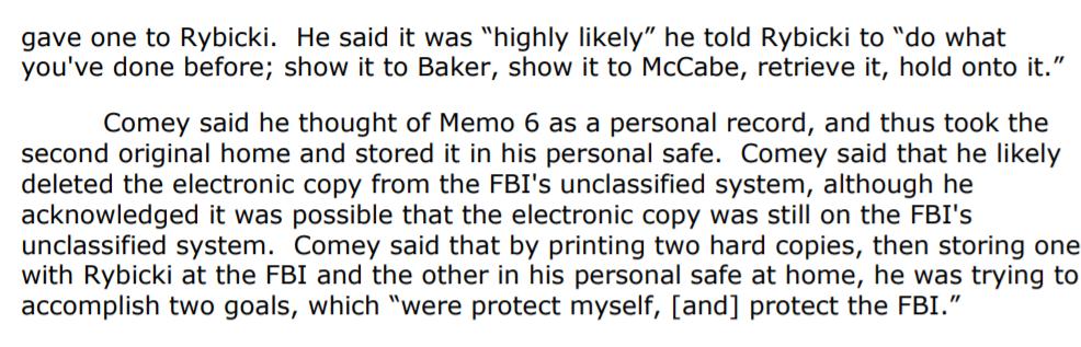 The lifting a cloud memo #6. The 1 where Comey confirmed that he had briefed Congressional leadership that Trump was not the subject of his Russia investigation! Again it looks like Rybicki & McCabe were shown a copy but not allowed to keep one!Can you see who is getting stung?