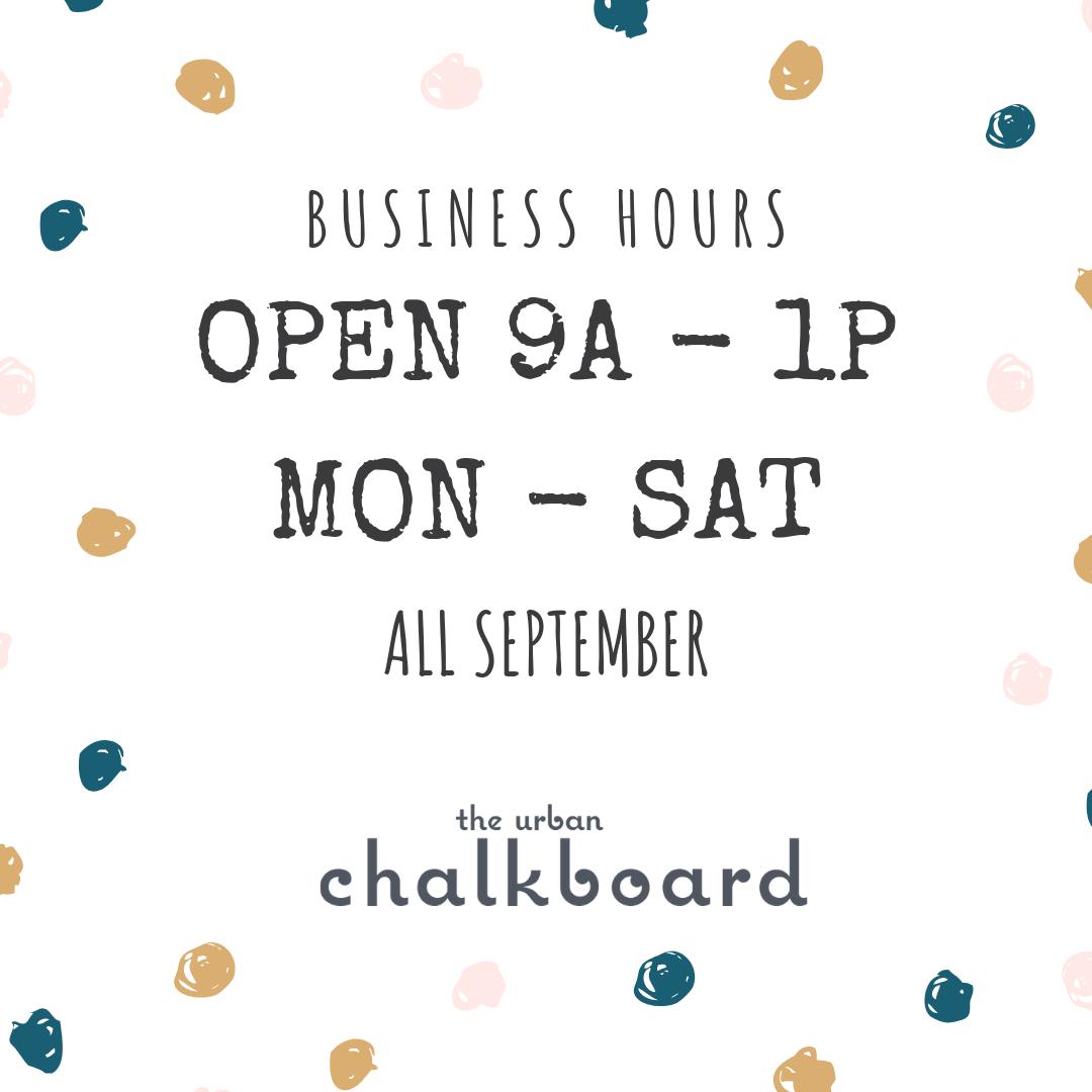 Announcing September Hours!

We will be open Monday - Saturday 9a -1p all month long, 
and will be busy, so make your reservation to play today!!!!
Save $2 per child with a reservation made in advance vis our web site. app.getoccasion.com/xp/hd8krtcf #reservations #businesshours