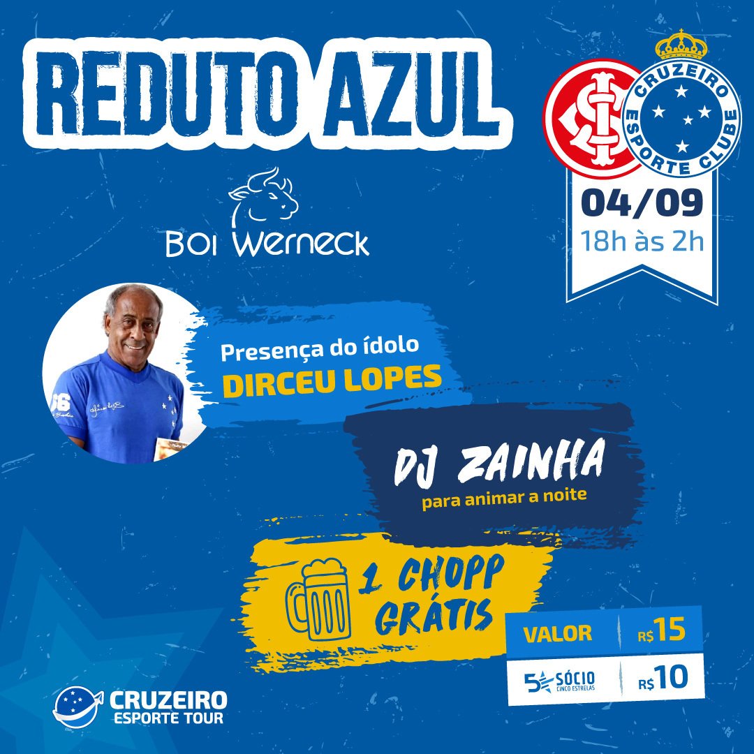 Cruzeiro's tweet photo. Fala, Nação CABULOSA!
Dia 04/09, quarta-feira, acontece o #RedutoAzul na churrascaria Boi Werneck.
O evento terá a presença do nosso ÍDOLO ETERNO, Dirceu Lopes!
Demais detalhes do evento na imagem deste post!
Bora, Nação Azul! 🔵⚪🦊 https://t.co/QoTLKou28D
