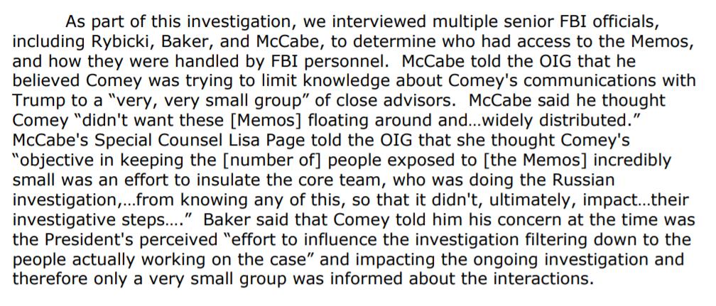 SO Comey is keeping a very tight lid on who gets to see these memos, after the 1st it looks like only Rybicki, McCabe & Baker. But it does seem that McCabe was keeping Lisa Page in the loop.Reason for Comey& #39;s secrecy to keep the info from the Russia investigative team.