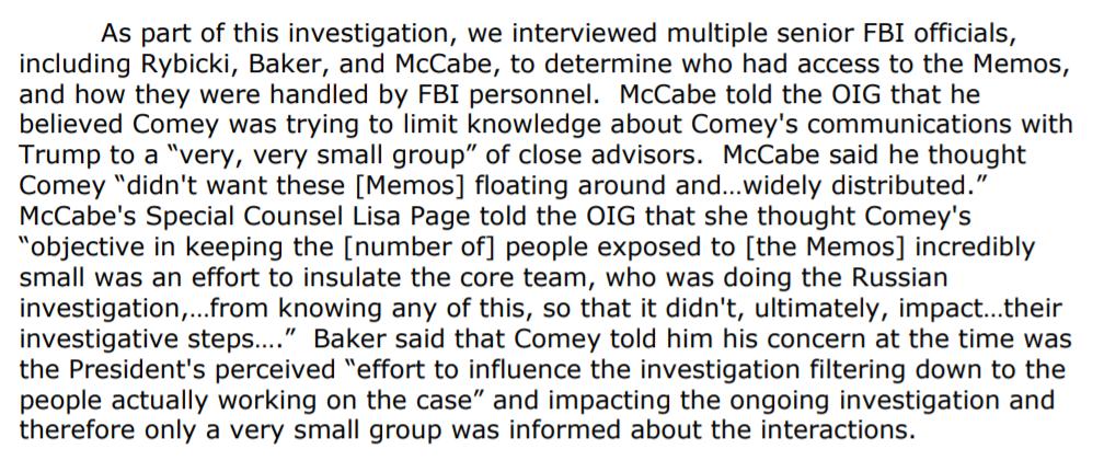 SO Comey is keeping a very tight lid on who gets to see these memos, after the 1st it looks like only Rybicki, McCabe & Baker. But it does seem that McCabe was keeping Lisa Page in the loop.Reason for Comey's secrecy to keep the info from the Russia investigative team.