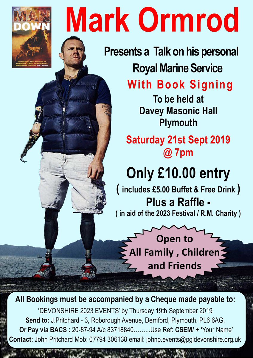 DevonMasons's tweet image. Mark Ormrod @MarkOrmrod presents a talk on his personal Royal Marine Service at the Davey Masonic Hall, Plymouth on Saturday 21st September at 7pm in aid of @Masonic_Charity Devonshire @Festival2023 - booking details on this flyer →