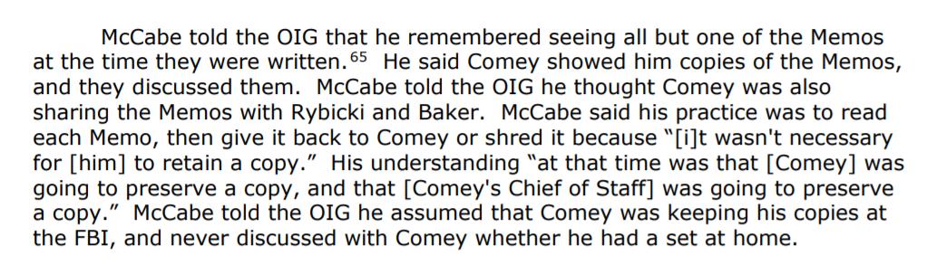 McCabe remembers seeing all but one of the memos, & recalls that Comey & Rybicki were each keeping a copy.