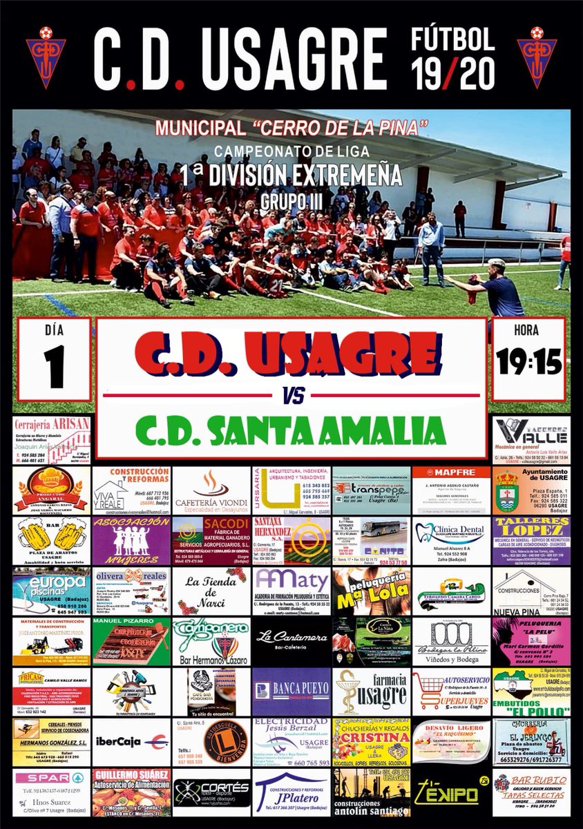FÚTBOL - JORNADA 1

CD Usagre vs CD Santa Amalia

📅 Domingo 1-9-19
⏰ 19:15 horas
🏟 Estadio “Cerro de la Pina” - Usagre

Comenzamos una nueva temporada en 1ª División Extremeña con más ganas e ilusión que nunca. Ven y anima a tu equipo!!! 🔴⚫️

#VamosÚrsaros
#VamosCDU