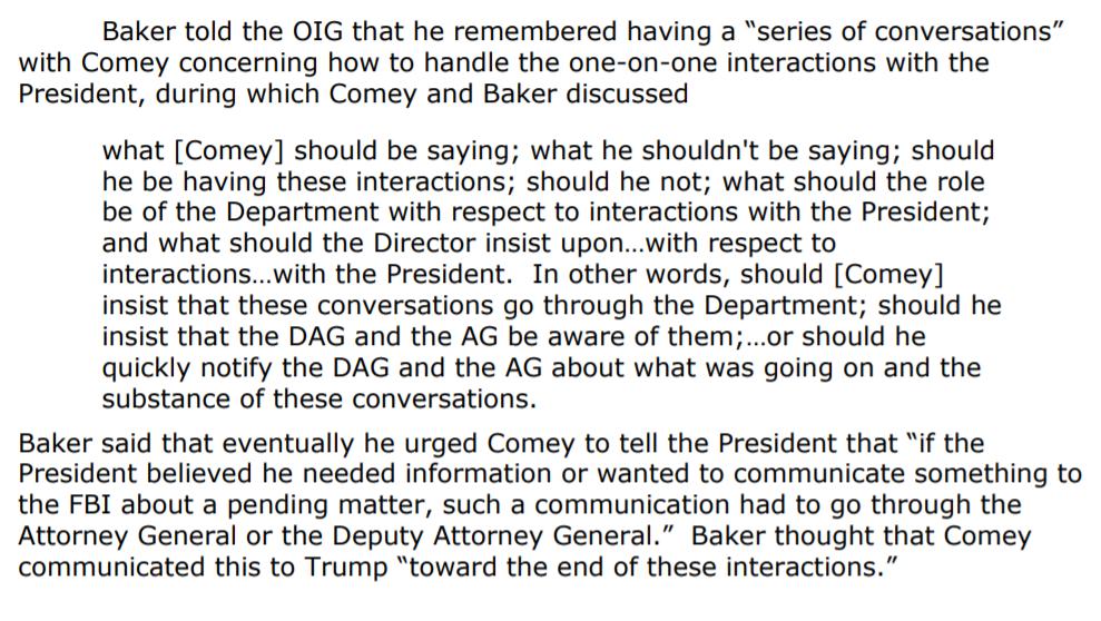 Baker's story is slightly different, saying Comey would verbally brief him on the memos & tell him to get a copy from Rybicki if he needed it. Baker says he advised Comey to send Trump to the AG or DAG.