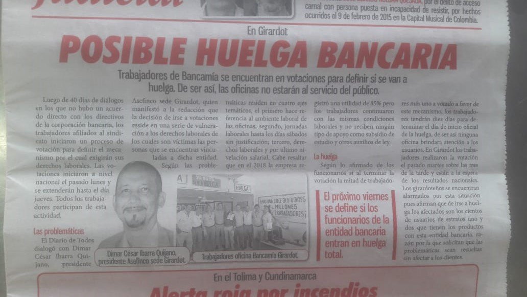 acebnacional's tweet photo. ➡️ El periódico El Extra de Girardot publica la posible Huelga que se realizara en @BancamiaOficial ante la negativa del banco a dar solución al Pliego de Peticiones presentado por @acebnacional @AsefincoB @ncarolina11 @VasquezCines @jamercarrillo68 @diazflorezjohn https://t.co/IbYrBntkVX