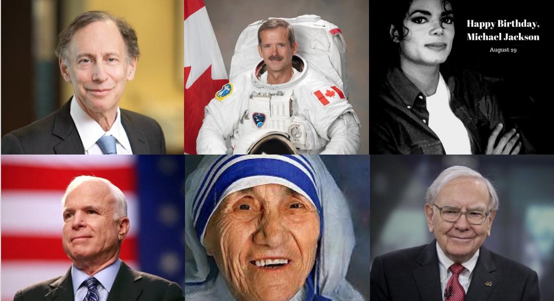 Happy Birthday to Dr. Robert Langer, Chris Hadfield, Michael Jackson, John McCain, Mother Teresa and Warren Buffet. 