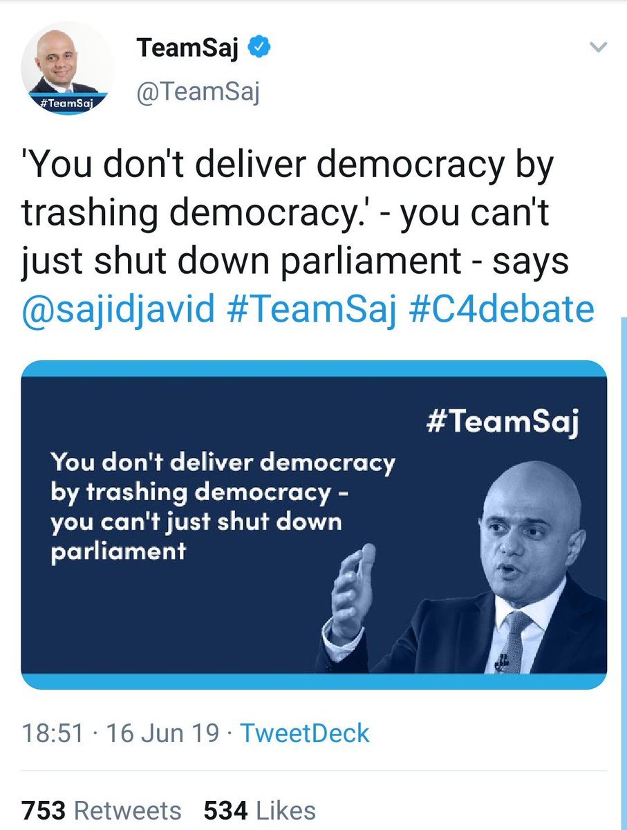 David Lammy (@davidlammy) on Twitter photo I see you've deleted this <a href="/sajidjavid/">Sajid Javid</a>.
Don't worry I saved a screenshot so the British public will always remember you now support "trashing democracy" as long as it furthers your career.
I'm sure you won't mind people retweeting your fine words. I see you've deleted this <a href="/sajidjavid/">Sajid Javid</a>.
Don't worry I saved a screenshot so the British public will always remember you now support "trashing democracy" as long as it furthers your career.
I'm sure you won't mind people retweeting your fine words.