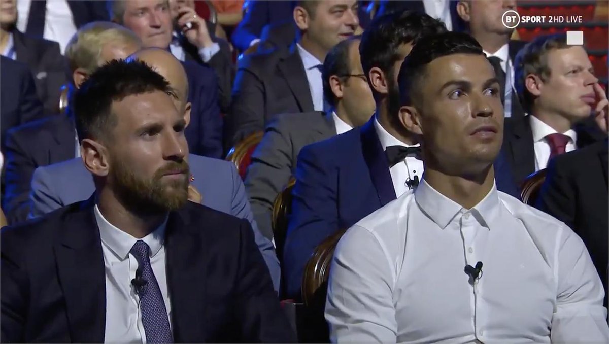 ESPNFC's tweet photo. "Soon science will fix cells ... and so we will become eternal. Only accidents, crimes, wars will still kill us but unfortunately crimes and wars will multiply. I love football. Thank you." 

Messi and Ronaldo are all of us listening to Eric Cantona's speech. https://t.co/NaeGZBC0Ow