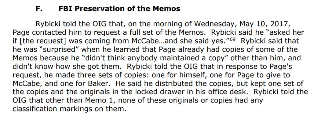 On May 10th, McCabe & Page go fishing for ALL of Comey's memos. Requesting them from Rybicki who says he had no clue that she retained copies already!Why did she want them from Rybicki? Well that is the day they initiated the Obstruction investigation against President Trump!