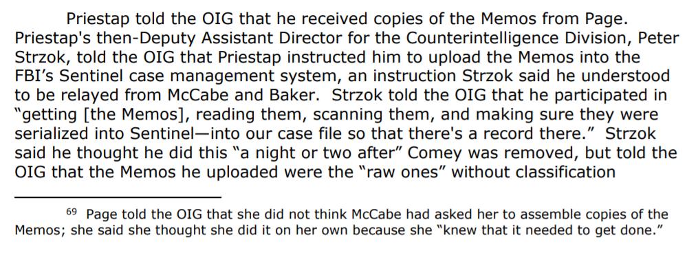 Page says McCabe didn't tell her, conflicting Rybicki's testimony. Then Page gave the memos to Priestap for the Russia investigation! Strzok then entered only some of the memos into FBI evidence placing them within an EC marked Secret!