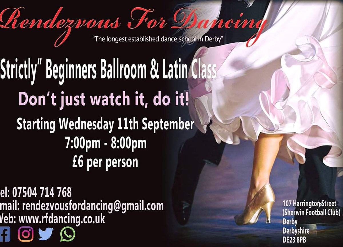 RFDancing's tweet photo. NEW Beginners Class starting Wednesday Sept 11th 7pm - 8pm

Email or message us for further information. 
rendezvousfordancing@gmail.com 
https://t.co/uynHYeS83r
07504 714 768

#ballroomdance #ballroomdancing #danceinderby #Learntodance #Strictly #dance #latindance #derby https://t.co/ouW7lxvAs4