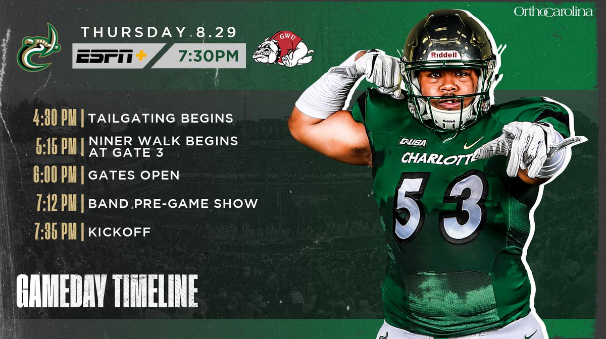 Charlotte49ers's tweet image. It's your favorite day of the week! GAME DAY!

⏰ » 7:30PM
🆚 » Gardner-Webb
🏟» Jerry Richardson Stadium
🎟️ » bit.ly/GardnerWebbTix
🚗 » bit.ly/ftblparking
📺 » es.pn/2ZrtRsI
📰 » bit.ly/2L2gkPC