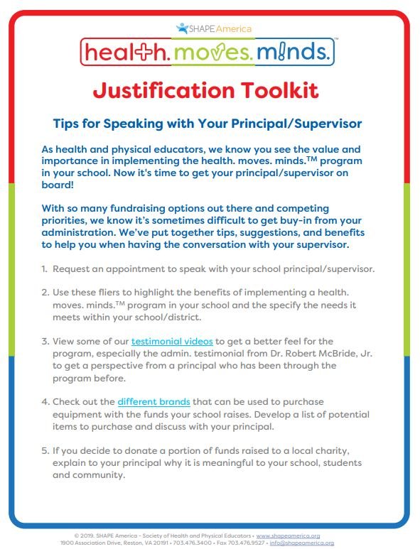 SHAPEAmerica's tweet photo. Use our justification toolkit to make the case for #healthmovesminds in your school

@PEamBASSador of Center Valley Elementary did and Center Valley is our first official #healthmovesminds school to sign up via the platform!

👉https://t.co/dUrOun8u0I https://t.co/EDuoKTCbLO