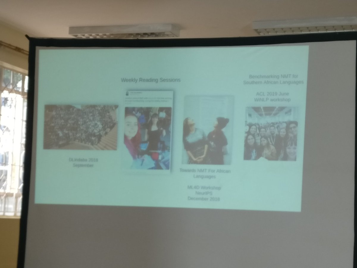seb_ruder's tweet photo. In the second part of the NLP and speech processing session @DeepIndaba, @alienelf presents her journey and work on machine translation for African languages with @LauraMartinus 
#DLIndaba2019 https://t.co/8hpZofge3B