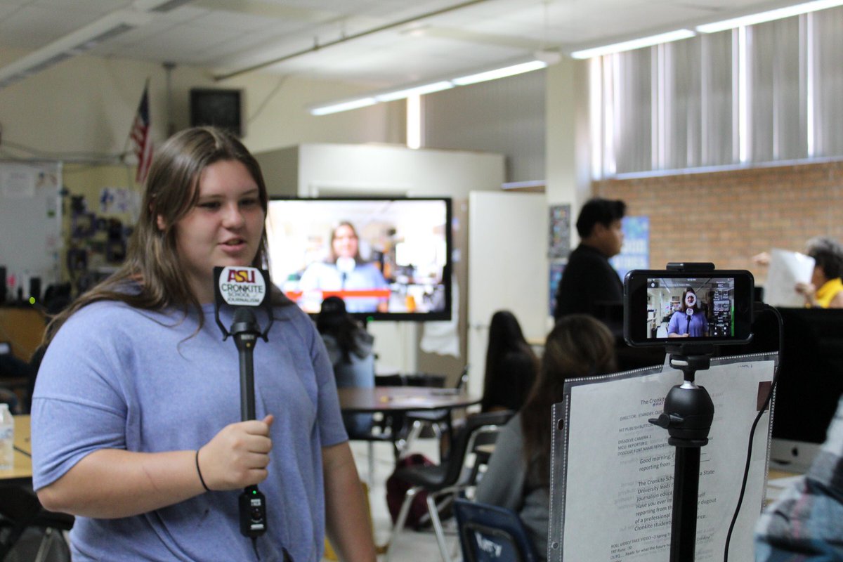 GHSDigCom's tweet photo. Digital Communications students spent Monday morning with Anita Luera, director of the High School Journalism Institute at ASU. They got to do practice broadcasts, and took turns anchoring, filming and directing. #ASU #GHS #globehighschool #journalism #digitalcommunications https://t.co/AOhpJmdWe1