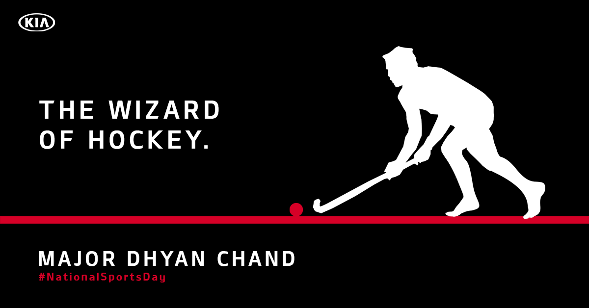 KiaInd's tweet photo. Remembering, 'The Wizard Of Hockey', #MajorDhyanChand. The world couldnβt believe what you achieved, especially while playing barefoot. Thatβs what we call #ThePowerToSurprise. Sir, you were a real #MagicalInspiration. Thank You! #NationalSportsDay https://t.co/IekjyGbUpn