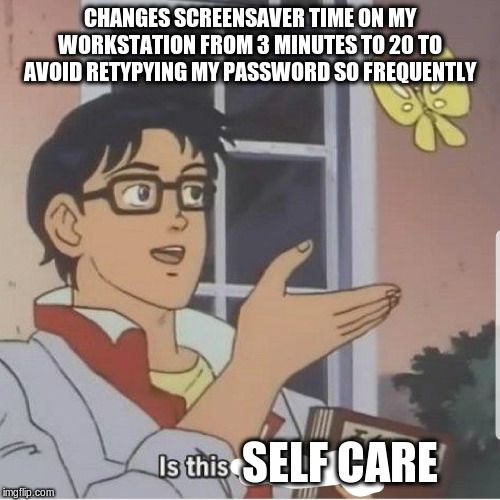Butterfly meme with,

"changes screensaver time on my workstation from 3 minutes to 20 to avoid retypying my password so frequently"

"is this [self care]"