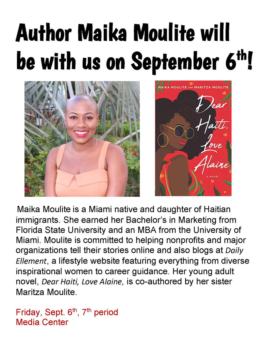 CCMediaCenter1's tweet photo. If you have a free 7th period Friday, Sept. 6th, join us in the media center for guest author Maika Moulite! Thanks to @BookmarksNC for bringing great authors to W-S! @CCwsfcs @WSFCS_media https://t.co/HM3ariNaYD