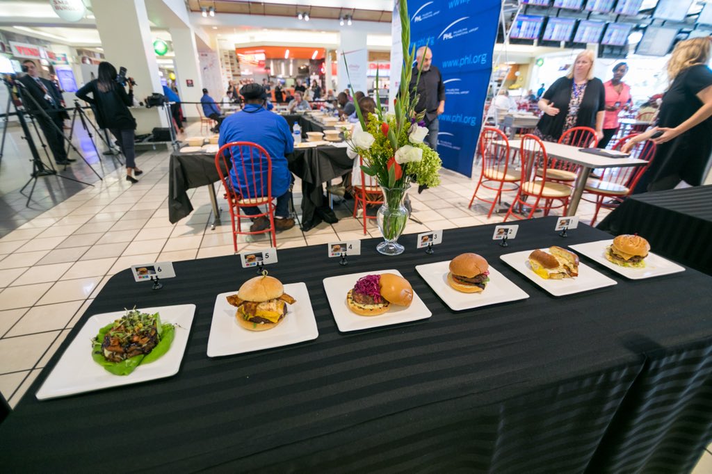 PHLAirport's tweet photo. ICYMI: Yesterday was the #PHLairport Burger Brawl!🍔 6 airport restaurants entered their best, most unique burgers for a chance to compete in the citywide @PHLburgerbrawl. Congrats to our winners #CiboBistro and #IndependencePrime. Thank you to our judges, chefs and participants! https://t.co/5vvqB8s8m3