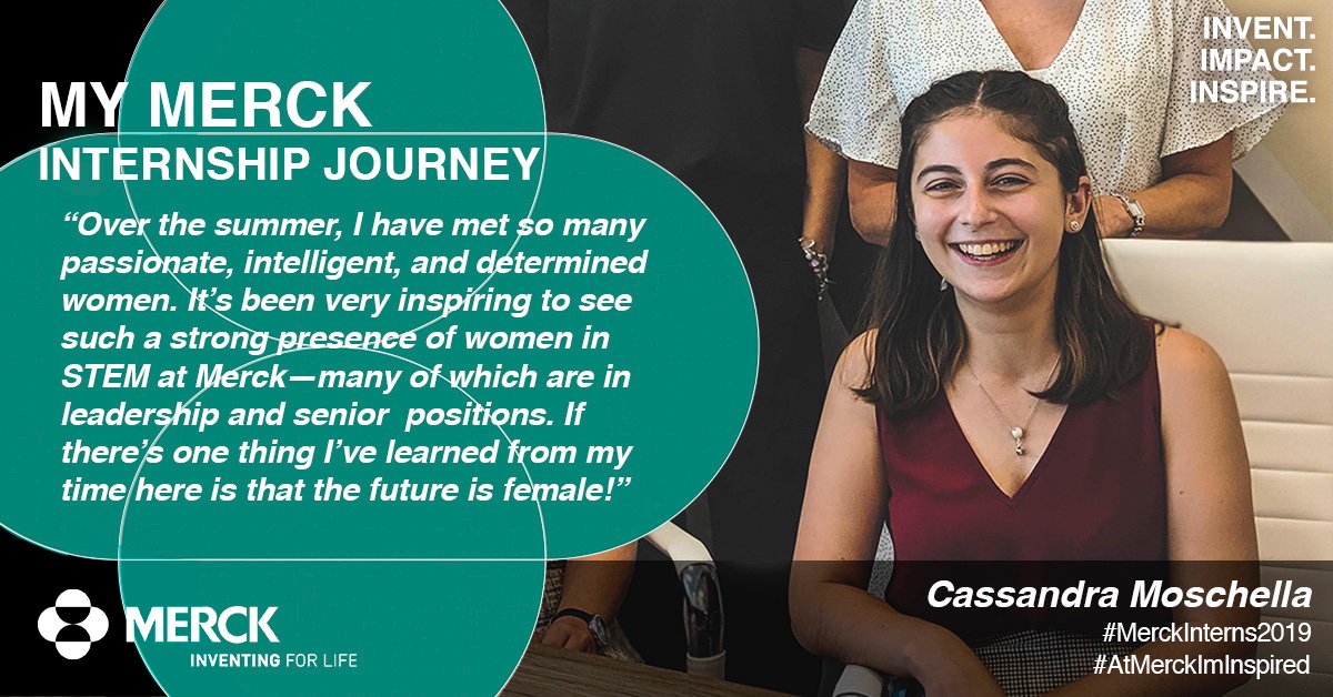 MerckIMInspired's tweet photo. At the start of Cassandra's internship at @MerckCanada, she found herself working in a female dominated environment. Here's what she said about her experience. Want to join the team? Visit https://t.co/6RGzsxDOt4 to explore opportunities! #AtMerckImInspired #MerckInterns2019 https://t.co/12pEQW6V7W