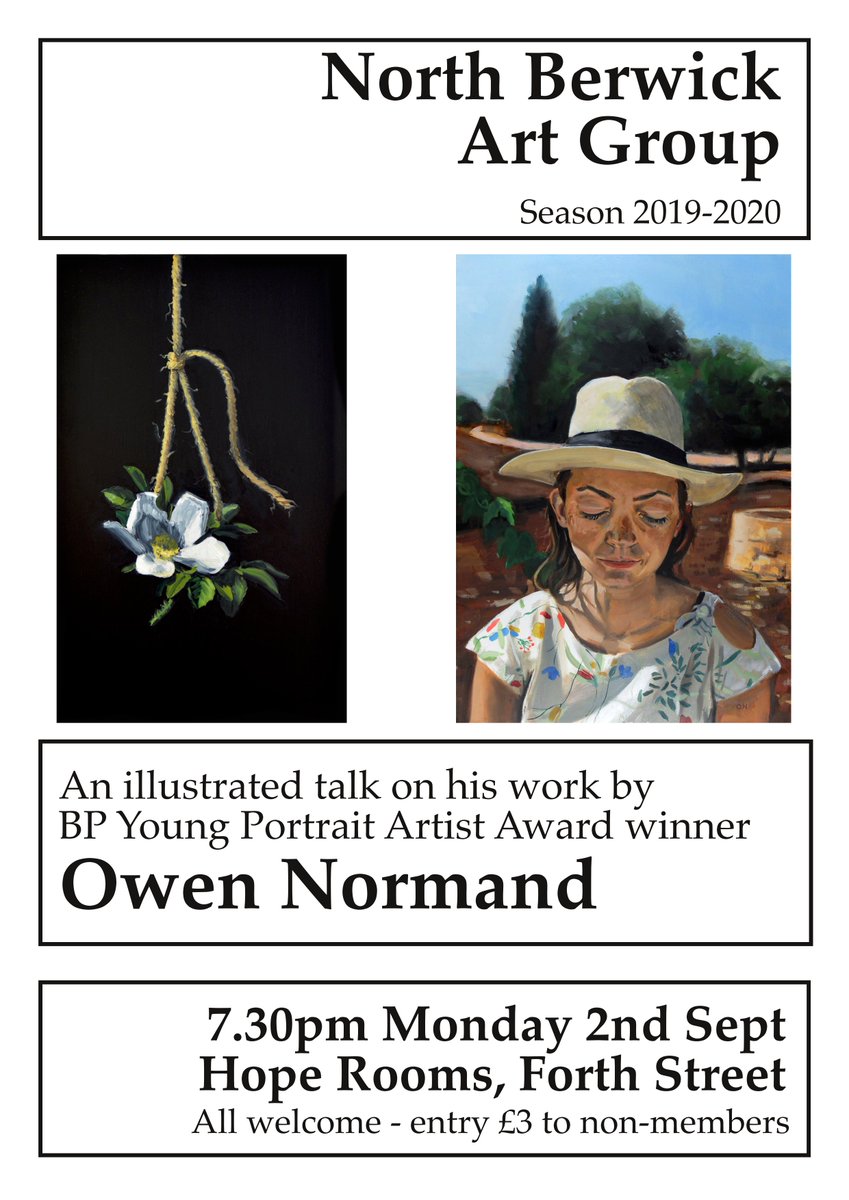 Our first talk of the season is Mon 2nd Sept at 7.30pm. BP Young Portrait Artist winner Owen Normand talks about his work. Visitors welcome!