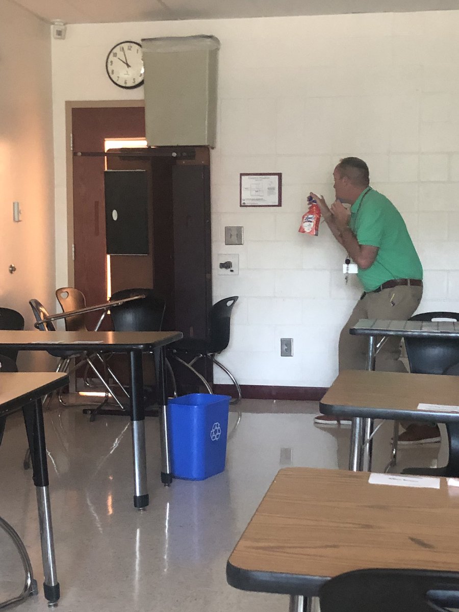 MS_Edler's tweet photo. Armed with spray, scissors, and a barricade. #lockdowndrill #keepussafe https://t.co/pj5hxOjLuV