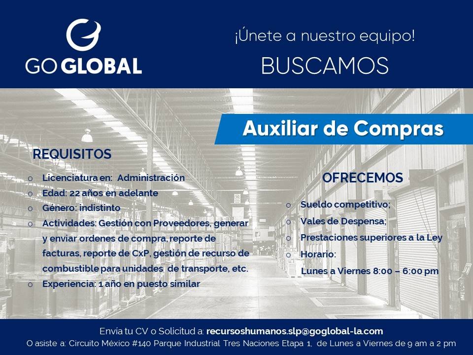 #GOGLOBAL Busca: Auxiliar de Compras
Envíanos tu CV al corre: recursoshumanos.slp@goglobal-la.com
¡Forma parte de nuestro equipo GO GLOBAL San Luis Potosí!  #LogisticsJobs #logistics #SupplyChain #FelizJueves