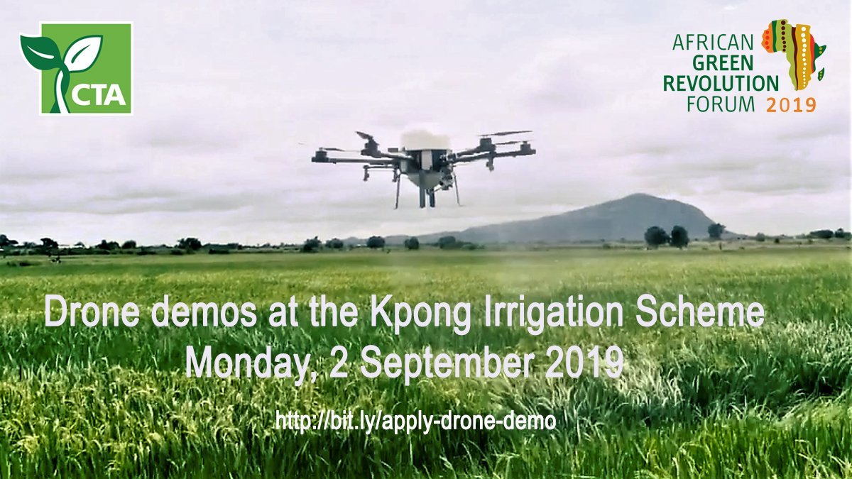Join CTA on 2 September during #AGRF2019 in 🇬🇭for a field demonstration on the use of drones for agriculture. Our partners <a href="/acquahmeyer/">Acquahmeyer Drone Tech</a> and <a href="/ziongate_gis/">Ziongate Geospatial 🇬🇭</a> will highlight their use for crop protection and scouting. Book your place now! ➡️bit.ly/2ZlNEK0
