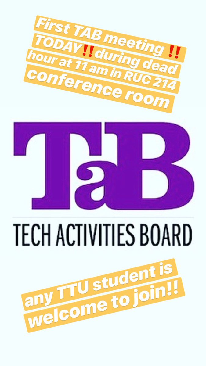 tntechtab's tweet photo. First TAB meeting of the semester!! Come by RUC 214 Conference room at 11am and join in on the fun for planning events this semester! https://t.co/AFb78NcBB9