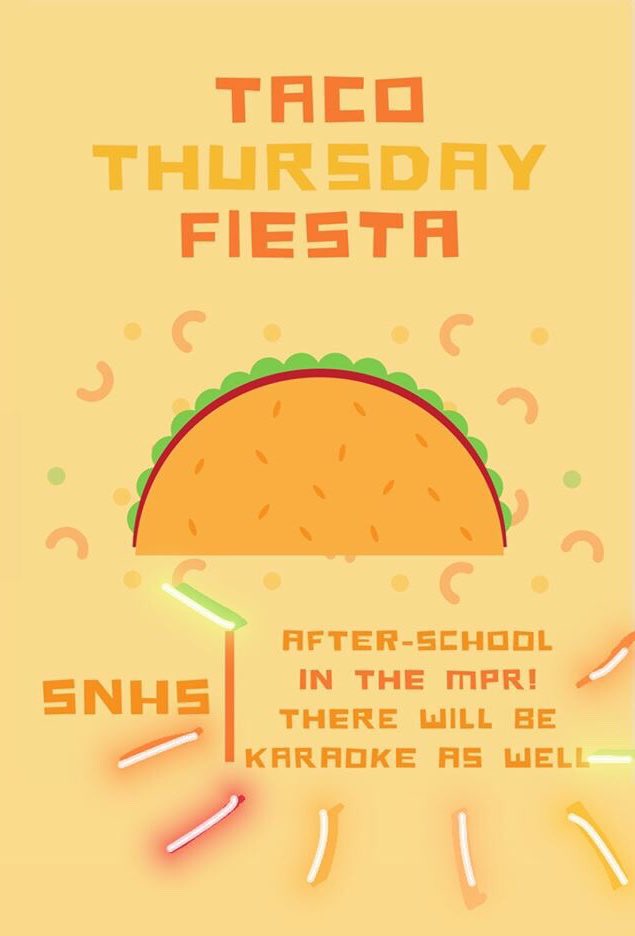 KOSNHS1's tweet photo. Don’t forget today after school in MPR is the taco party! Come and have some tacos and sing along/listen to music! (you get points!) https://t.co/VNlnZk5IhK