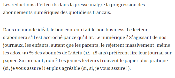 lachaineaudio's tweet photo. 🗞️99 % des abonnés de L’#Actu (14-18 ans) préfèrent lire leur #journal sur #papier. Surprenant, non ? Les jeunes lecteurs trouvent le papier plus pratique dixit
@dufourdufour, cofondateur de #Playbac via @Strategies ou https://t.co/UoK3R1YT71
#media #presse #journalisme #print https://t.co/rQDsVWWLsx