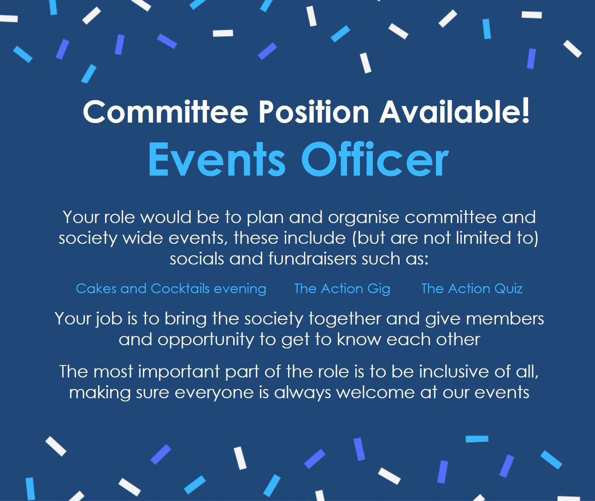 We are currently looking for an events officer to help us run fundraisers and socials for the upcoming year!

If you have any questions, or want to apply, send an email with your manifesto to president@leedsaction.co.uk by Friday 8th September!