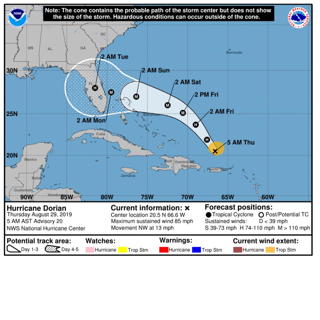 IGSMIAMI's tweet photo. Hurricane Dorian Updates- Advisory 20 August 29, 2019 5AM- Stay Tuned https://t.co/0oUyFtPzjd https://t.co/u2Epd2Xqqx