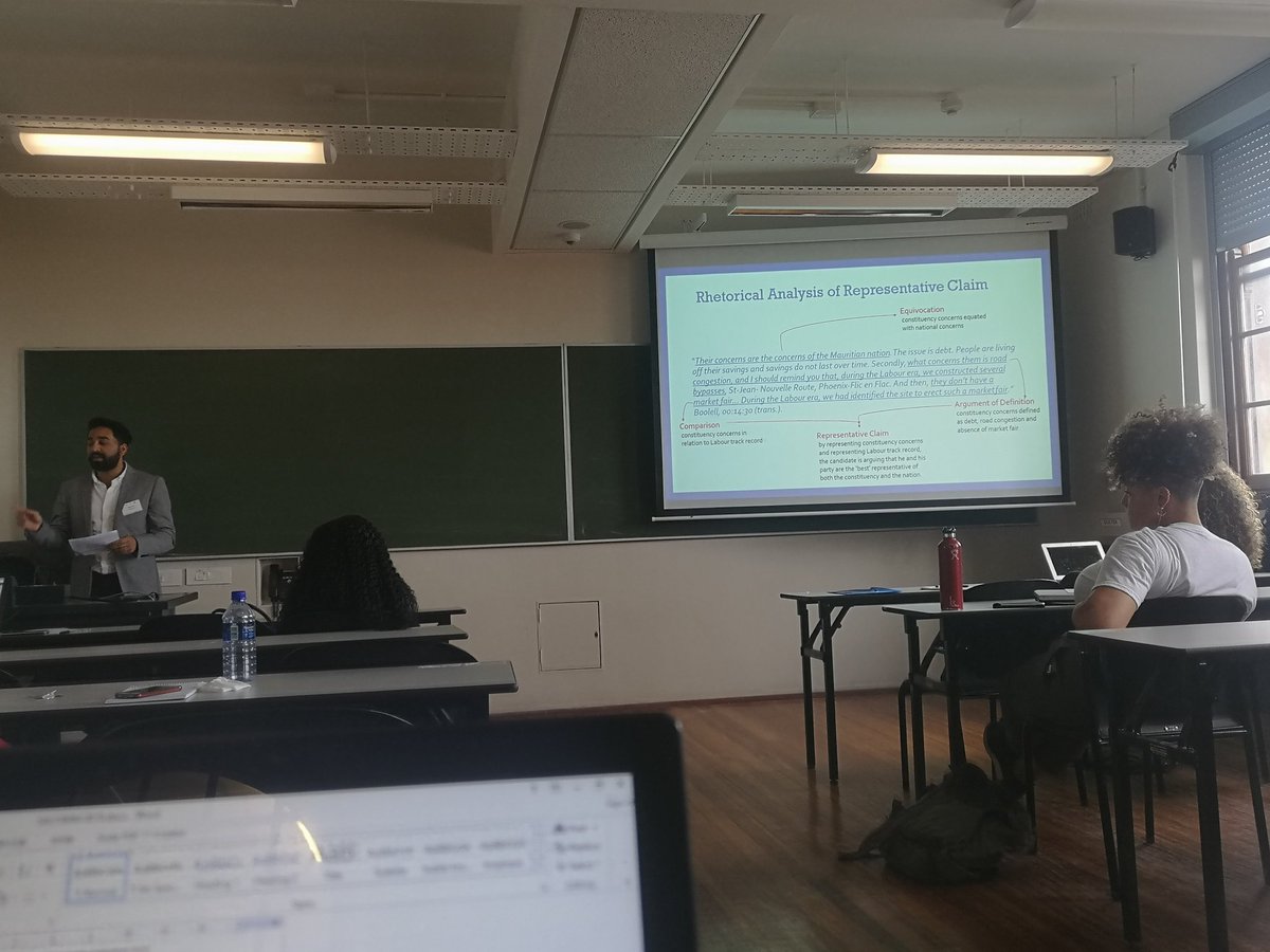 DrMikaelaDeV's tweet photo. "The use of social media has changed the nature of political performances" @KelvinSuddason presenting at #SACOMM2019
#sacomm #mauritious #election #facebook #elecroralcontest #mikaelaoosthuizen #elections #politics #Research #academics #communication @UCT_news @FilmandMediaUCT https://t.co/aJtChXGsGp