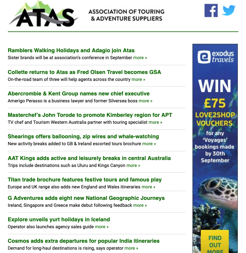 ATAS_travel's tweet photo. Busy news day at @ATAS_travel with @RamblersHoliday &amp; Adagio joining us, @ColletteTravel returning, and a new CEO at A&amp;K Group. 
The newsletter also has news from @APTouring @Shearings @uk_aat @TitanagentsUK @gadventures @ExploreWW @CosmosTradeUK @travelTTC &amp; @SagaTradeTeam 1/2 https://t.co/idvHMzyBgP