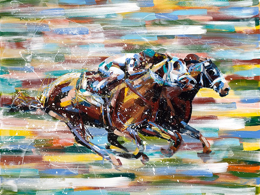 I’ve always loved painting horse race scenes. You can get very expressive, and that creates drama in the painting. This is a recently sold 3’H x 4’W piece.