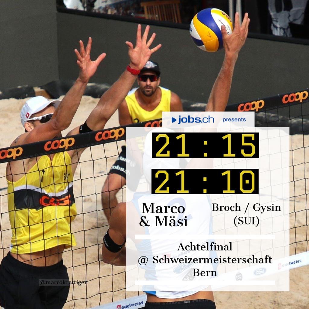 Mäsi und ich gewinnen im Achtelfinale 2:0 gegen Broch-Gysin. 
Als nächstes gehts um 19:00 gegen Yves und Leo um den Einzug ins Halbfinale. 
Let‘s go 💪🏽🙌🏽
#beachemiteminder <a href="/mece11/">kim</a>
📸<a href="/chef/">Progress Chef</a>.li
#travelhouse #jobs.ch #toyotawüestag #ultrasun #w #RoadtoTokyo #jobsCH