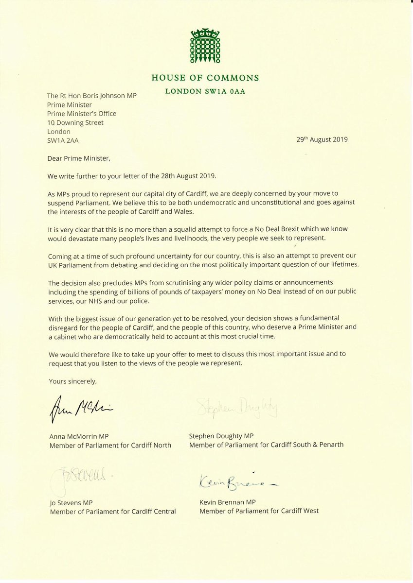 JoStevensLabour's tweet image. &quot;The move to suspend Parliament is undemocratic and goes against the interests of the people of Cardiff and Wales.&quot;  You can read the reply to the PM from me @KevinBrennanMP @AnnaMcMorrin @SDoughtyMP #stopboris #notonodeal #remainandreform @BBCWalesNews @ITVWales @WalesOnline