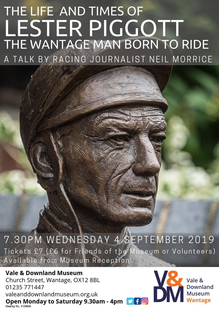 ValeAndDownland's tweet image. Come and hear all about Wantage-born champion #jockey Lester Piggott; his astonishing life and horse #racing achievements. 
See the newly installed statue, and visit our special #exhibition in the Upper Gallery.
Please call 01235 771447 to book your tickets.
#wantage #museum