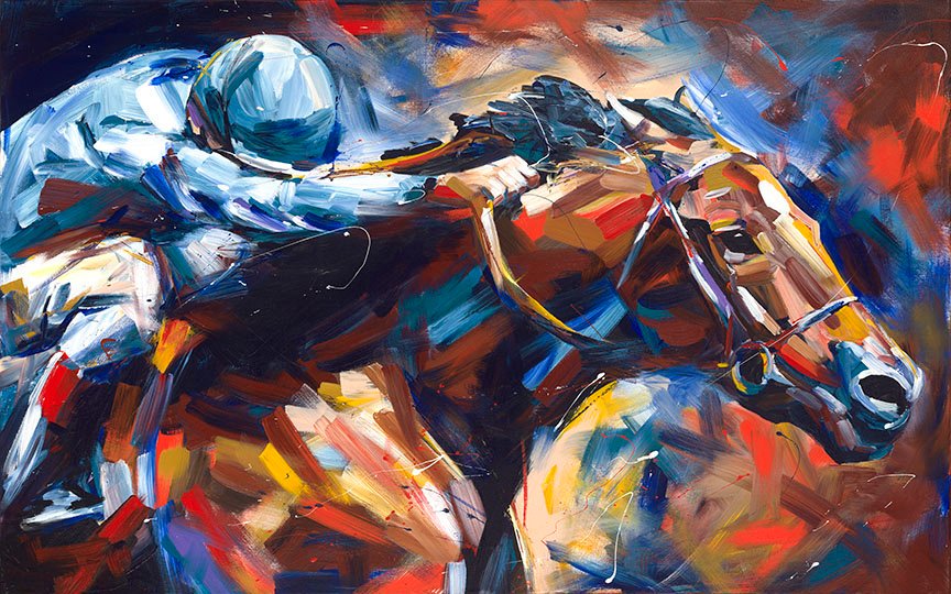 30"H x 48"W Jockey and Race Horse.  Acrylics on canvas. Available now at <a href="/Westside_Market/">Westside Market</a> Midtown location in Atlanta.
