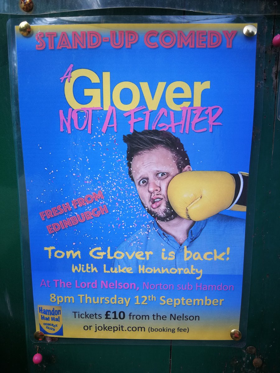 HamdonHaHa's tweet photo. Thumbs of steel required for promo work Somerset style next #HaHacomedy night Thurs 12th Sept @TheNellieNorton @TomGloverComedy brings #Aglovernotafighter to the Nelly and @lukehonnoraty as comedy wingman.. Tickets £10 and on sale at the pub or online at https://t.co/Toj25TLGa5 https://t.co/CTdN8dHfq1