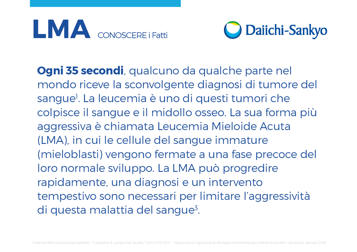 DaiichiSankyoIT's tweet photo. La #LMA è la forma più comune e più aggressiva di leucemia, detta acuta a causa della sua veloce progressione. Per questo è importante conoscerne fattori di rischio, sintomi e segni: https://t.co/sSgV27BkEG #KnowAML #bloodcancerawarenessmonth https://t.co/gJ6aDy3CCb