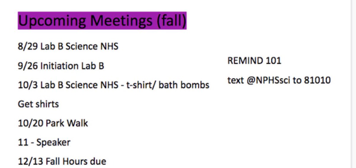 NP_Science_NHS's tweet photo. Thank you to everyone who attended our call out meeting today! Here is a breakdown of our fall. If you have any questions, you can message us on remind! 🧪🧬 #SNHS https://t.co/yw4DW5QpqB
